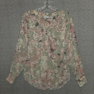 New York & Company Floral Blouse Semi-Sheer‎ V-Neck Long Sleeve Tab Top Small
